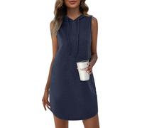 WNEEDU Vestido Mini Sudadera de Verano para Mujer Vestidos sin Mangas con Capucha y cordón Azul Marino S