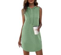 WNEEDU Vestido Mini Sudadera de Verano para Mujer Vestidos sin Mangas con Capucha y cordón Verde Guisante 2XL