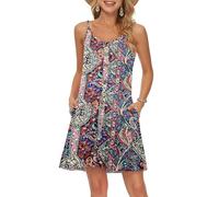 WNEEDU Vestido Mujer Verano Playa Correa Vestidos Corto Cuello en V Casual con Bolsillos Flor Azul Real XXL