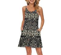 WNEEDU Vestido Mujer Verano Playa Correa Vestidos Corto Cuello en V Casual con Bolsillos Flor Negra Bohemia L