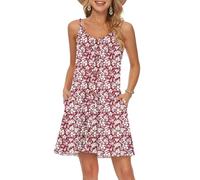 WNEEDU Vestido Mujer Verano Playa Correa Vestidos Corto Cuello en V Casual con Bolsillos Rojo Floral XL
