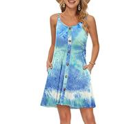 WNEEDU Vestido Mujer Verano Playa Correa Vestidos Corto Cuello en V Casual con Bolsillos Teñida Azul Verde Blanca L