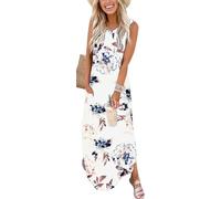 WNEEDU Vestido Verano Largo Mujer Vestidos Playa Sin Mangas Casual Cuello V con Bolsillos Blanco Floral L