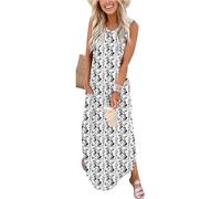 WNEEDU Vestido Verano Largo Mujer Vestidos Playa Sin Mangas Casual Cuello V con Bolsillos Hojas Blancas y Negras L