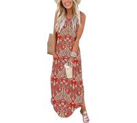 WNEEDU Vestido Verano Largo Mujer Vestidos Playa Sin Mangas Casual Cuello V con Bolsillos Nuevo Paisley Rojo L