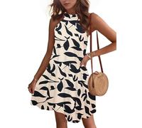 WNEEDU Vestidos de Verano de Las señoras Vestidos Cortos de Playa Halter sin Mangas A-Line Vestidos con Bolsillos Hoja Negra XL