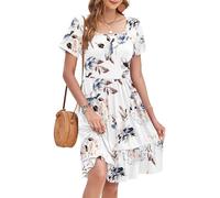 WNEEDU Vestidos Verano Mujer Cuello Cuadrado Elegante Vestido de Playa Casual Manga Corta con Bolsillos