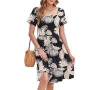 WNEEDU Vestidos Verano Mujer Cuello Cuadrado Elegante Vestido de Playa Casual Manga Corta con Bolsillos