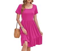 WNEEDU Vestidos Verano Mujer Cuello Cuadrado Elegante Vestido de Playa Casual Manga Corta con Bolsillos