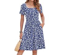 WNEEDU Vestidos Verano Mujer Cuello Cuadrado Elegante Vestido de Playa Casual Manga Corta con Bolsillos