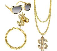WnlahuWA 4 Piezas Accesorios para Raperos, Kit Disfraces Hip Hop, Conjunto Disfraces Hip Hop, Anillo de Dólar, Collar de Dólar, 80s 90s Kit de Party Favors Decoración de Fiesta
