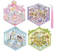 Wnqou 4 juegos de pegatinas DIY 3D Casa con adorable Panda Casa de té y en miniatura Hot Spring Cottage Escenas - Dibujos animados lindos para adultos, niños, diversión Magic House Juegos de pegatinas
