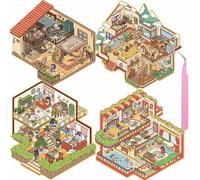 Wnqou 4 Sets DIY 3D Casa Pegatinas, Grande -Versión 3D Escena Simulada Juego de Escena de Cabaña, Lindo Paisaje de dibujos animados para Adultos y Niños, Casa Retro Ocio Fiesta Cabaña Pegatinas