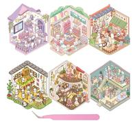 Wnqou 6 juegos de pegatinas 3D para casa, 3D magia simulada en el aula mágica, juego de escena en miniatura, lindo libro de escena de dibujos animados para adultos y niños, divertido sastrería tienda