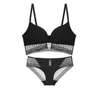 WNRLL Lencería de Mujer Profunda V Reunida Suave Copa Fina sin Anillo de Acero Encaje Hollow Brasier Conjunto Ropa Interior, Negro, S(32)