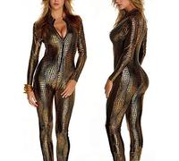 WNRLL Mono Sexy para Mujer Body Colorido Mini Estampado Piel Serpiente Cremallera Frontal de Cuero Ajustado Look Mojado Disfraces de Halloween,S