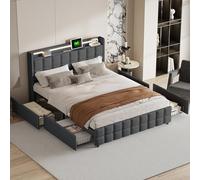Wnvivi Cama de matrimonio de 160 x 200 cm, con 4 cajones, función de carga USB, cama para adultos con LED, somier de láminas de madera (gris, 160 x 200 cm)