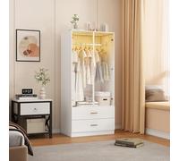 Wnvivi Moderno armario blanco con luz LED y puertas de cristal, armario con barra para colgar ropa y 2 cajones continuos, armario para dormitorio infantil, armario 80 x 50 x 175 cm