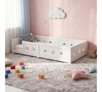 Wnvivi Montessori - Cama infantil (90 x 200 cm, con protección anticaídas, incluye somier, reforzada, segura para niños y niñas, madera maciza de pino, diseño de estrellas, luna), color blanco