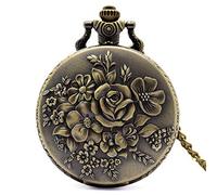 WOAIXI Reloj De Bolsillo Vintage,Elegante Retro Bronce Flor Flores Mujeres Cuarzo Bolsillo Relojes Colgantes para Señoras Vintage Fob Collar Cadena Reloj Regalos
