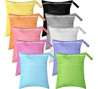 Woanger 10 Pcs Wet Dry Bags for Baby Cloth Diapers Waterproof Reusable Wet Bags with Two Zippered Pockets Travel Laundry Bag for Swimsuit Beach Pool Daycare Yoga Gym Dirty Wet Clothes, 10 Colors