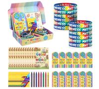 Woanger 133 piezas Color the World with Kindness artículos surtidos a granel, 12 libros de actividades Be Kind, 12 marcapáginas, 96 crayones, 12 pulseras, 1 caja de regalo para la escuela, comunidad
