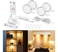 WOBANE Luz Vitrina con Mando Regulable, 4pcs Luces Led Adhesivas para Armarios con Cable, 12V Led Puck Lights para Iluminación Bajo Mueble Cocina,Estanterías,Encimera,Vitrinas, Blanco Cálido 2700K