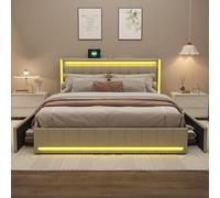 WOBOPCG - Cama con maletero de 160 x 200 cm con LED, cama acolchada con baúl doble con LED y 4 cajones de cama con cabecero de cama y somier de láminas (Beige+Lin, 160 x 200)