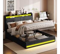 WOBOPCG - Cama de 140 × 200 con somier de maletero, con almacenamiento de cama doble con LED lIt con almacenamiento en tabla de cama tapizada con almacenamiento (negro, PU, 140 × 200 cm)