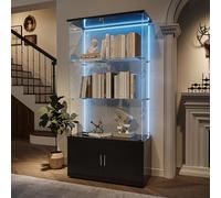WOBOPCG Vitrina de cristal de pie con LED, 3 capas de cristal y armario bajo de madera, 4 puertas con cerradura, vitrina expositor para coleccionistas