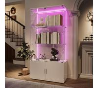 WOBOPCG Vitrina de cristal, vitrina de pie con LED, 3 capas de cristal y armario bajo de madera, vitrina con 4 puertas y cerradura, vitrina expositor Display Cabinet para coleccionistas