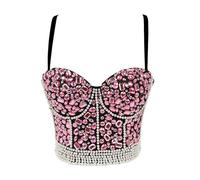 Woboren Mujeres Burlesque Dance Clubwear Body Shapewear Cincher Perla Cadena de diamantes de imitación Bustier Corset Sujetador corsé Top (Rosado, L)