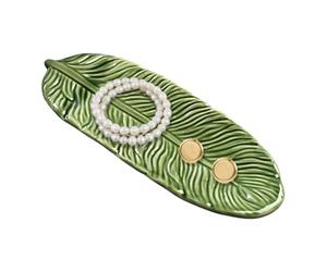 wocpvm Plato de Joyería de Cerámica Diseño de Hoja de Palmera,Plato de Almacenamiento Verde para Pulseras,Anillos y Joyas,Decoración para Vanity, Baño y Salón 21,5x8,3x1,7cm