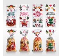 Wocuz Bolsas de celofán de Navidad, 100 unidades, bolsas de plástico para galletas, dulces, panadería, palomitas de maíz, postres, bolsas de aperitivos con lazos metálicos para recuerdos de fiesta