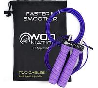 WOD Nation Cuerda para saltar de velocidad de ataque: Cuerdas para saltar ajustables: Sistema único de entrenamiento de salto con dos cables: Uno grueso y uno liviano de 11 pies de cable, color morado