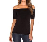 wodceeke Blusa casual de manga corta con hombros descubiertos para mujer, color liso, Negro, S