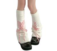 WODECASA Calentadores de piernas kawaii para niñas, mangas acampanadas, góticos de ganchillo, tobilleras, Cordones - Blanco + Rosa, talla única