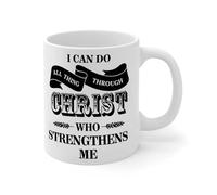 Wodevor Taza de café con texto en inglés "I Can Do All Things Through Christ Who Strengthens Me", tazas de café de cerámica blanca, divertida taza blanca brillante, regalo de Navidad y Año Nuevo, para
