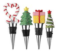Wodsty Elegante juego de tapones de vino de Navidad con acabado plateado, decoración festiva y para los amantes del vino, hecho de aleación de aluminio y resina, 1 paquete o 4 unidades