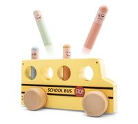 Woet® Autobús Escolar Pop Up de Madera, Vehículo para Empujar Infantil, Juguete Causa y Efecto, Figuras con Resorte, Juego Simbólico, Motricidad Fina, A Partir de 2 Años