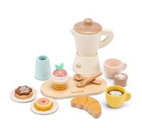 Woet - Cafetera de Madera para niños - Juguete de Barista 17 Piezas FSC con percolador, Espresso y pastelería - Set de Desayuno de imitación - 3 años - Regalo para niñas y niños