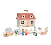 Woet - Casa de Muñecas Plegable de Juguete de Madera para Niños - Casa de Muñecas con 18 Muebles y 2 Muñecos - Fácil de Transportar - A Partir de 3 Años - Regalo para Niños y Niñas