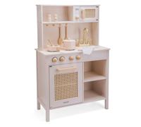 Woet® Cocina de Juguete Rosa de Madera para Niños - Detalles de Ratán y Accesorios - Set de Imitación - A Partir de 3 Años