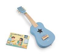 Woet® Guitarra de Juguete Azul de Madera para Niños, 6 Cuerdas de Nailon con Correa, Cuerda de Repuesto y Libro Musical de Colores con 3 Canciones, Instrumento Educativo, A Partir de 3 Años