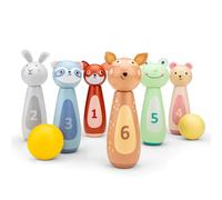 Woet - Juego de Bolos de Juguete de Madera para Niños - Set con 6 Bolos de Animales y 2 Bolas - Juguete de Motricidad para Interior - A Partir de 3 Años - Regalo para Niños y Niñas