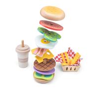 Woet - Set de comida rápida de madera para niños - hamburguesa apilable, papas fritas y batido - Juguete ficticio 18 piezas FSC - Accesorios de cocina de imitación - 2 años - Regalo para niños
