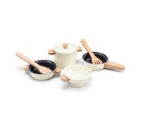 Woet - Set de Ollas y Sartenes de Juguete de Metal para Niños Pequeños - Juego de Cocina con 7 Piezas y Utensilios de Madera - Accesorios de Cocina Infantil - A Partir de 2 Años - Regalo Infantil