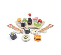 Woet® Set de Sushi de Juguete de Madera con Palillos y Tabla de Servir | Comida de juguete de madera, set de sushi, salsa de soja y wasabi, accesorios de cocina, juego de rol, desde 3 años