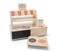 Woet - Tienda y Restaurante de Juguete de Madera para Niños - Juguete de Imitación con Hornillo Reversible y Bandeja, Terminal de Pago, Paneles Temáticos y Pizarra