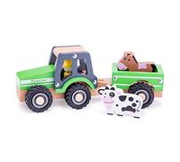 Woet Tractor de Madera con Remolque Desmontable y 2 Animales de Granja | Vehículo de granja, tractor de madera, 2 animales de granja, juguete para empujar, juego de vehículos, desde 18 meses